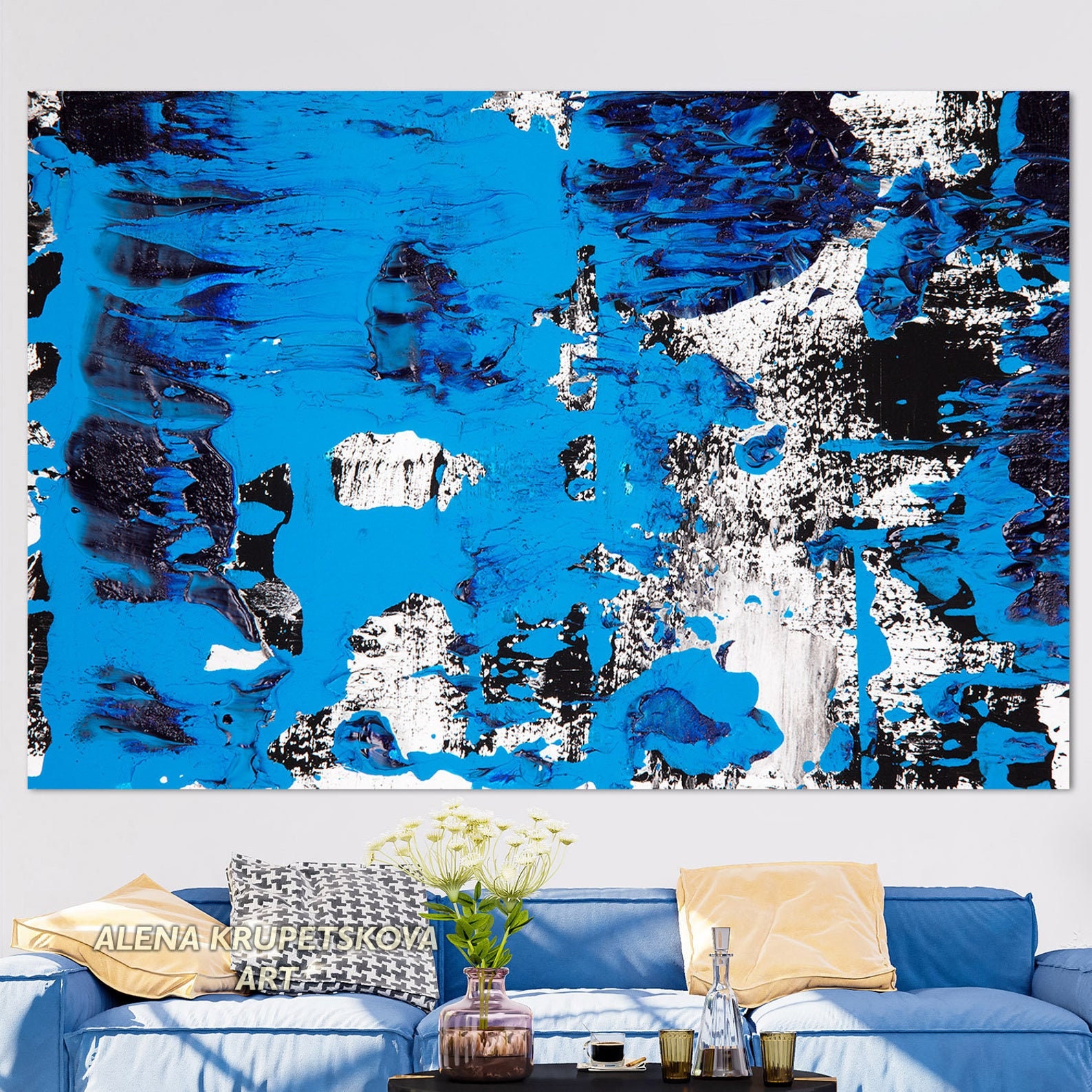 Large White and Blue Abstract Wall Art on Canvas Unique Royal Etsy