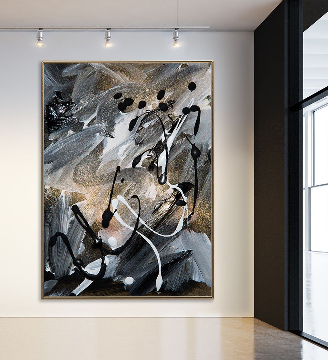 Gold black grey abstract art Modern extra large wall art Etsy