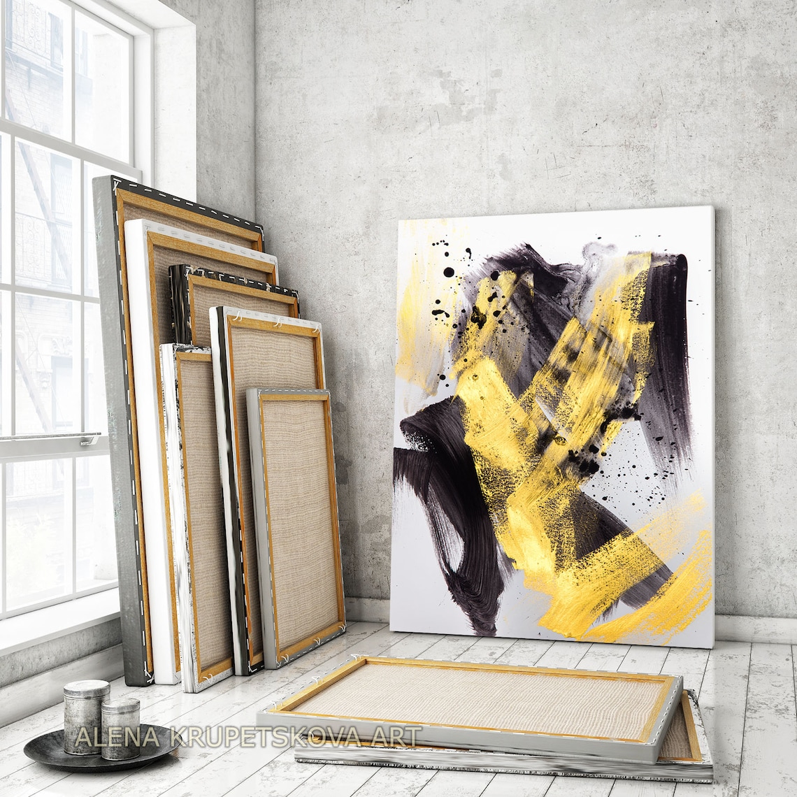 Black gold abstract painting print Black white gold art Etsy