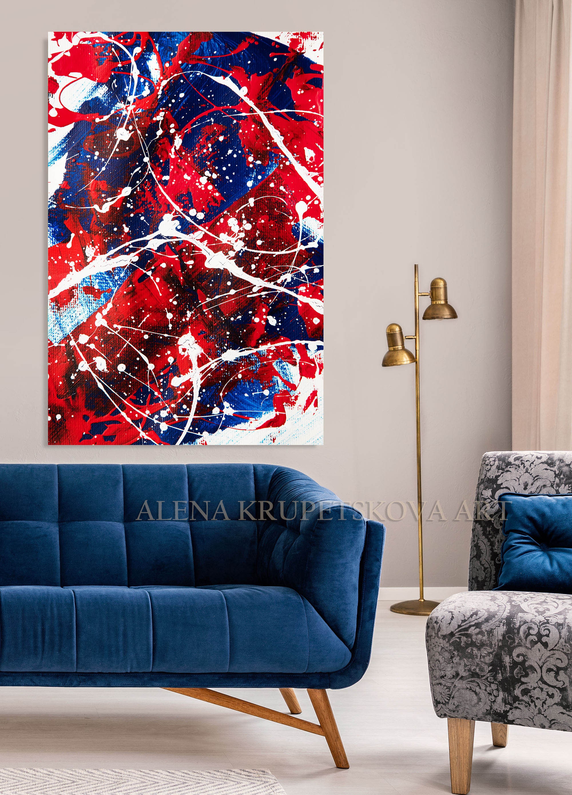 Blue and red wall art for living room Red and blue art print Etsy