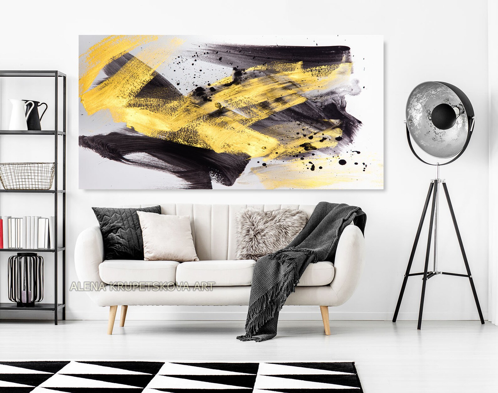 Black gold abstract painting print Black white gold art Etsy