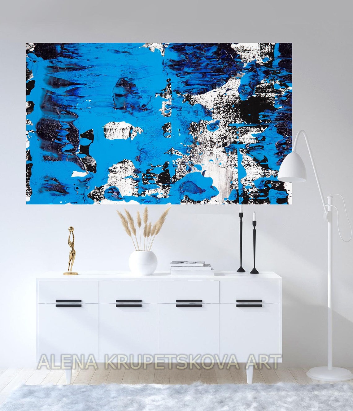 Large White and Blue Abstract Wall Art on Canvas Unique Royal Etsy