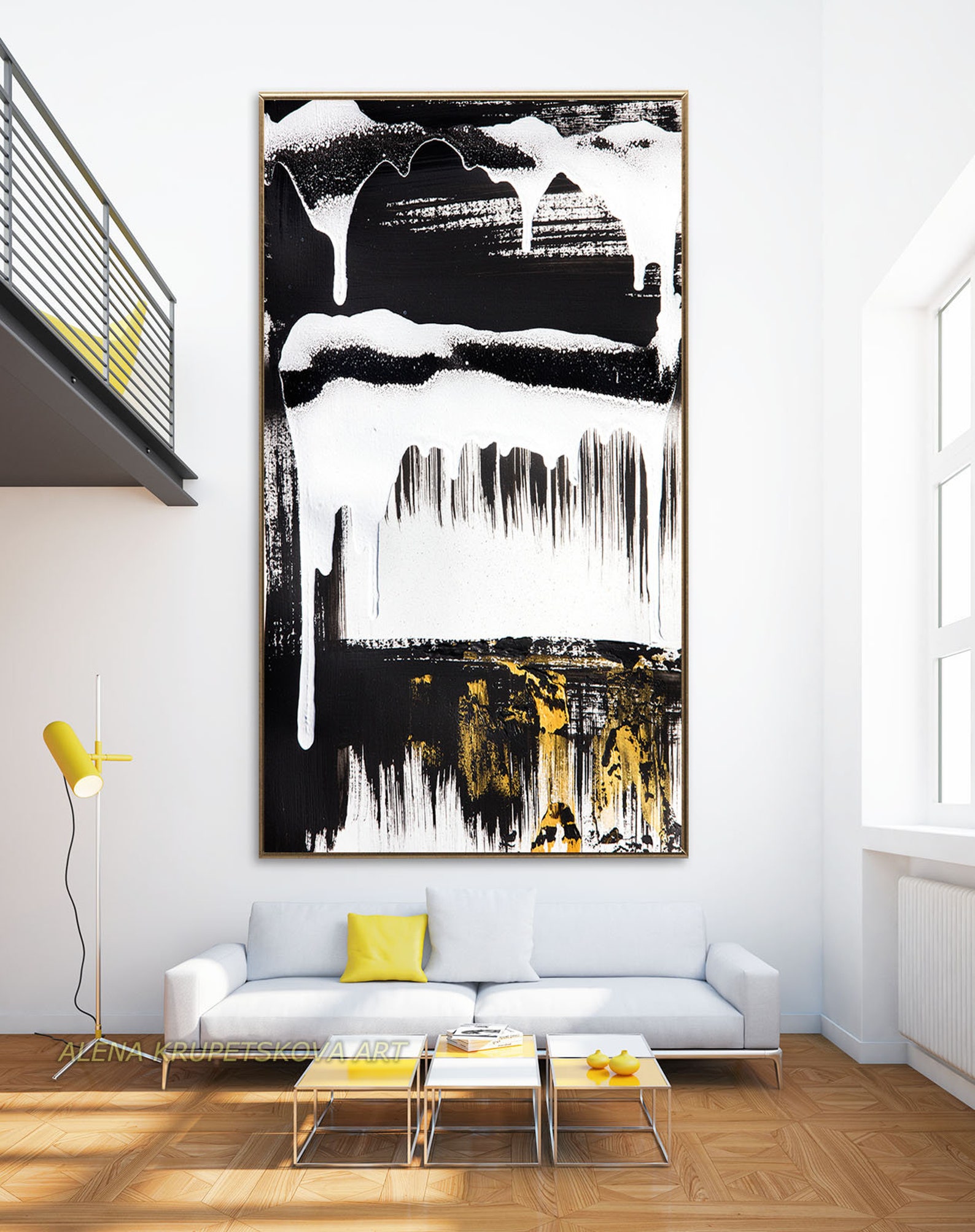 Large wall art black white gold abstract canvas print Etsy