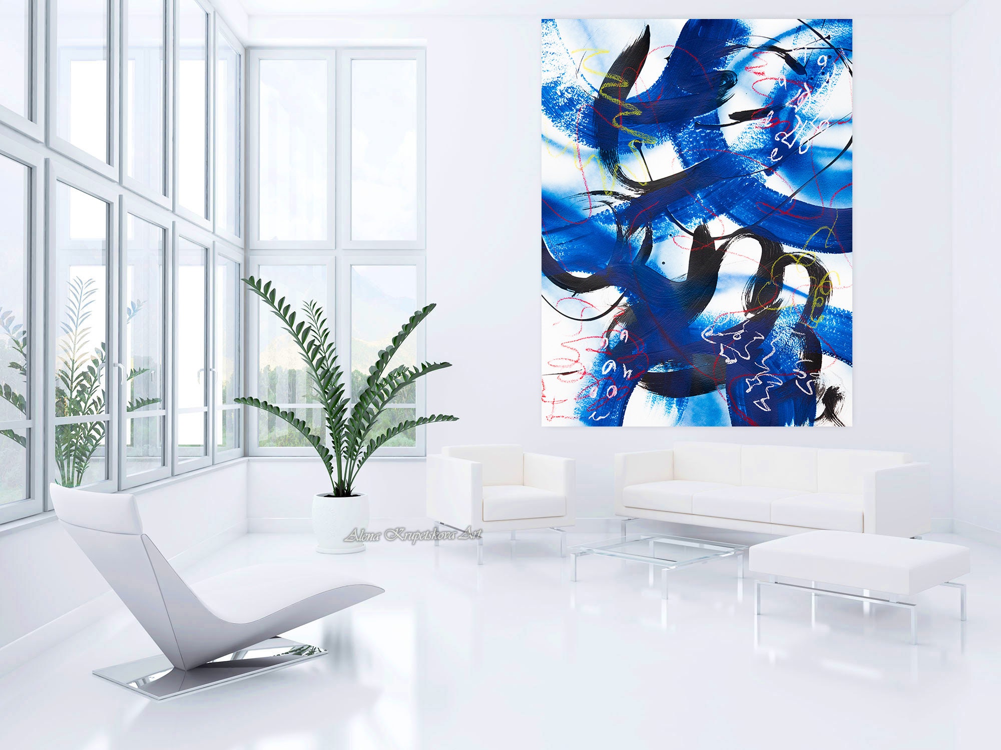 Blue Wall Art on Canvas Trendy Deep Blue Abstract Expressive Etsy