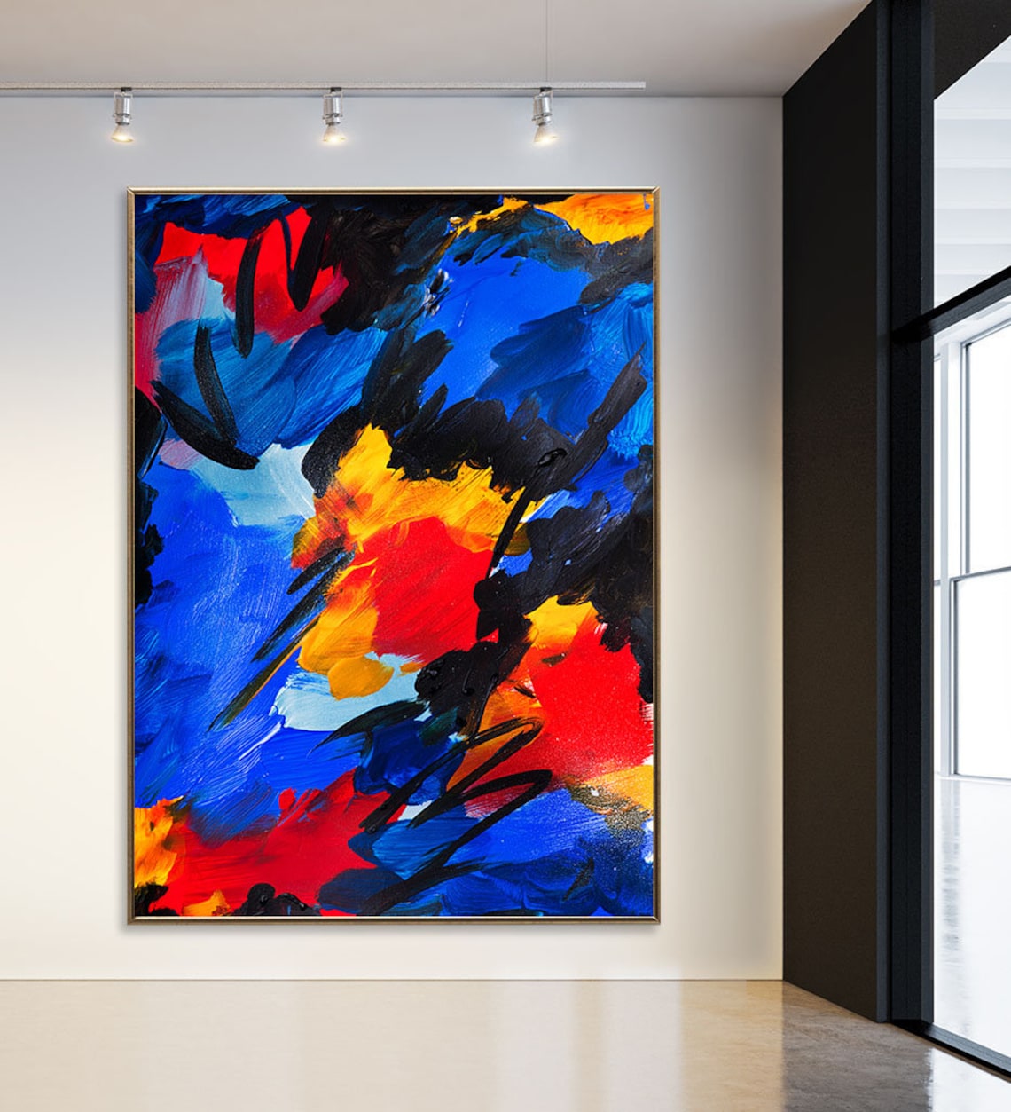 Abstract Trendy Blue and Yellow Wall Art on Canvas Large Etsy