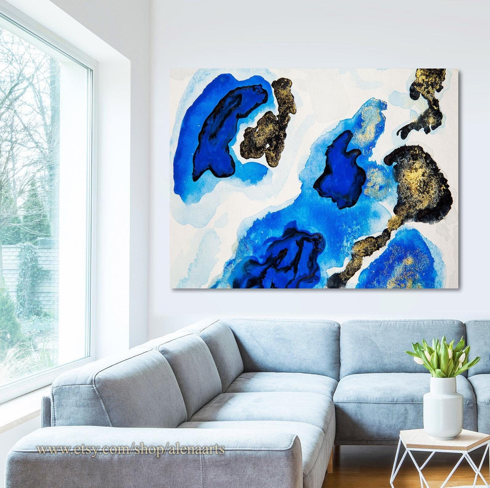 Abstract blue and gold canvas wall art Large blue artwork for Etsy