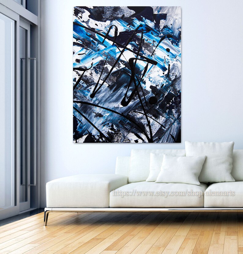 Abstract wall art black white blue art print on canvas Etsy