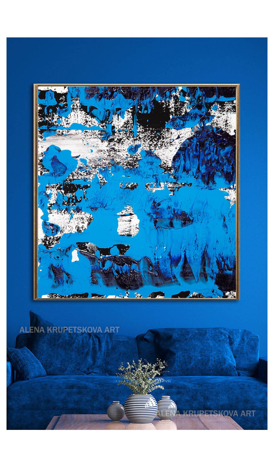 Large White and Blue Abstract Wall Art on Canvas Unique Royal Etsy