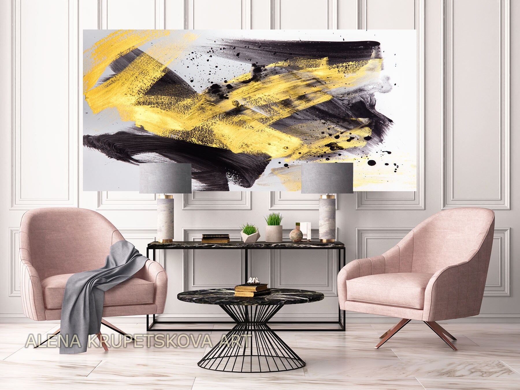 Black gold abstract painting print Black white gold art Etsy
