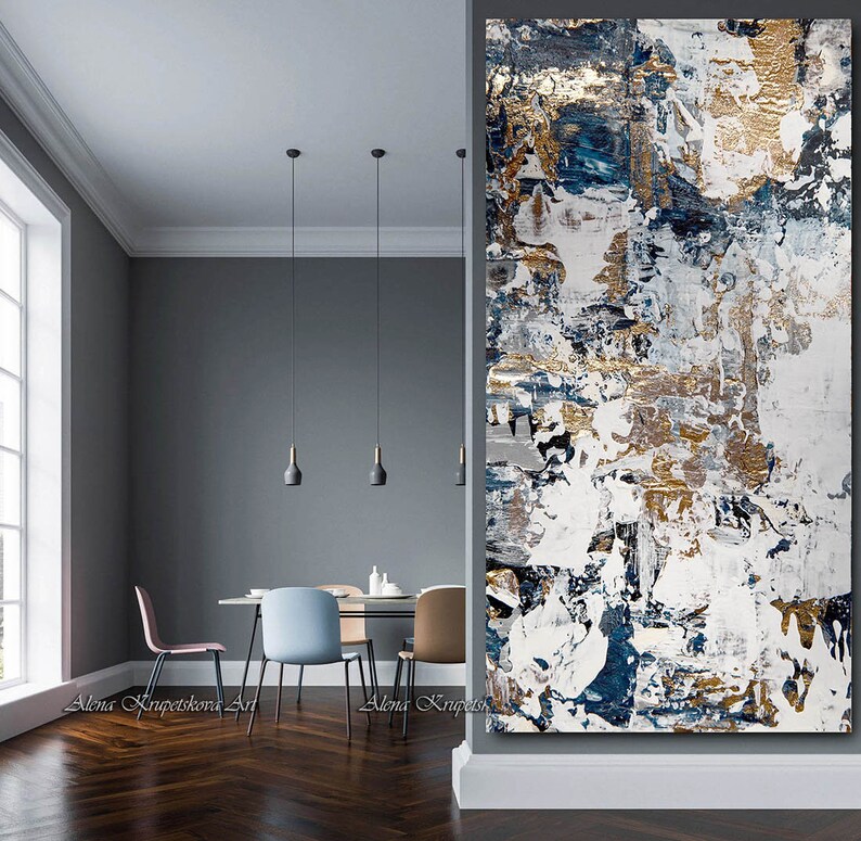 Artistic Grey and Navy Blue Wall Decor Abstract Canvas Art Etsy