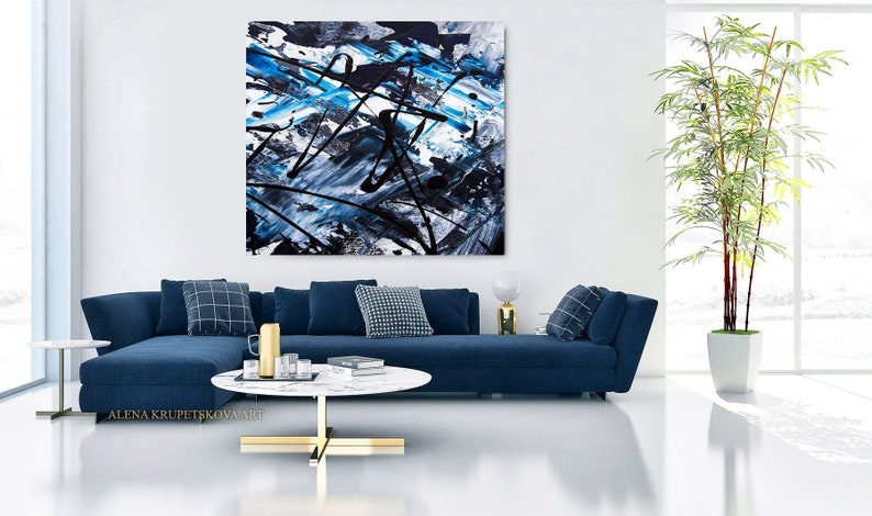 Abstract wall art black white blue art print on canvas | Etsy