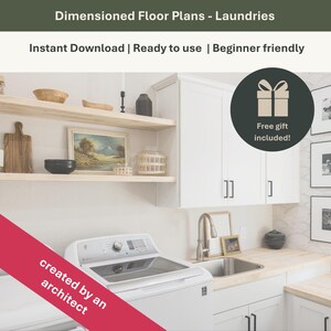 May include: A laundry room interior with white cabinets, a washing machine, and a sink. The image includes floating shelves with decorative items, a framed landscape painting, and the text "Dimensioned Floor Plans - Laundries". A gift icon is also present.