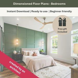May include: A bedroom interior featuring a bed, bedside tables, and a green feature wall. The image includes the text "Dimensioned Floor Plans - Bedrooms", "Instant Download | Ready to use | Beginner friendly", and "created by an architect". A gift icon with the text "Free gift included" is also present.