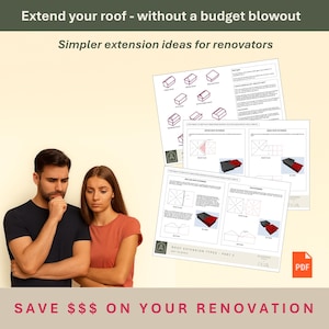 Può includere: Immagine con una coppia preoccupata e diagrammi architettonici che illustrano i tipi di estensione del tetto. Il testo recita "Extend your roof - without a budget blowout" e "SAVE $$$ ON YOUR RENOVATION." È visibile anche un'icona PDF.