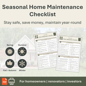 Op de afbeelding: Een afdrukbare seizoensgebonden checklist voor woningonderhoud met de tekst "Seasonal Home Maintenance Checklist". De checklist bevat seizoensgebonden pictogrammen voor lente, zomer, herfst en winter. De tekst "Stay safe, save money, maintain year-round" is ook opgenomen.