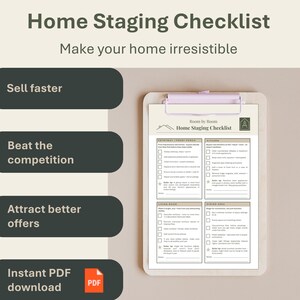 以下が含まれることがあります： 「Home Staging Checklist」と「Make your home irresistible」のテキストが入ったクリップボード上のホームステージングチェックリスト。チェックリストには、玄関、キッチン、リビングルーム、ダイニングエリアのセクションが含まれています。画像には「Sell faster」、「Beat the competition」、「Attract better offers」のテキストも含まれています。