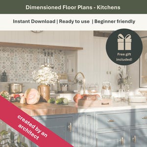 May include: A kitchen interior with a wooden countertop, blue cabinets, and a gold faucet. The image includes text that reads "Dimensioned Floor Plans - Kitchens", "Instant Download | Ready to use | Beginner friendly", and "created by an architect". A gift icon is also present.