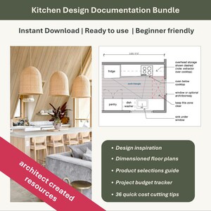 Może przedstawiać: Pakiet dokumentacji projektowej kuchni z tekstem "Kitchen Design Documentation Bundle" i "Instant Download | Ready to use | Beginner friendly". Obraz zawiera układ kuchni, inspirację projektową i plany pięter.