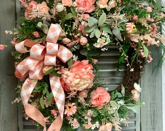 BOHO all seasons wreath, peach floral for front door,  Elegant Spring Wreath, fairy garden, Spring porch decor,  12624