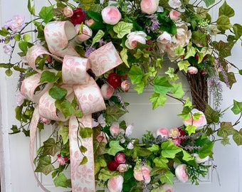 BOHO Elegant Spring Wreath for front door, English cottage Spring door decor,  Mother’s Day gift, 010724