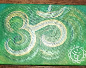 Ohm Om Aum original art yoga spiritual gift meditation green gold mindful chakra mantra Unique hand painted, various colours sustainable eco