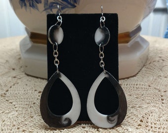 Black and White Resin Teardrop Dangle / Drop Earrings on Silver Steel Ear Wires