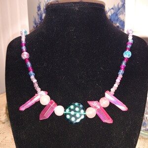 Pink, Blue, and White Glass and Quartz Necklace