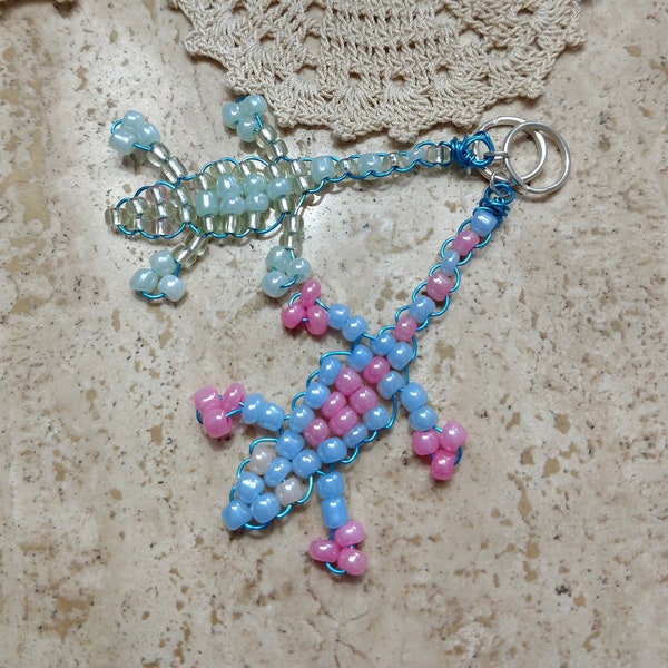 Blue and Pink & Yellow and Green Glass Bead Lizard Key Chains on Blue Copper Wire and Iron Mini Split Rings