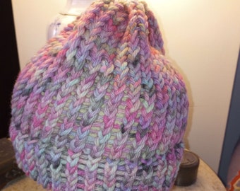 Knitted Hand Dyed Black and Pink Wool Beanie Hat for Teens and Smaller Adults
