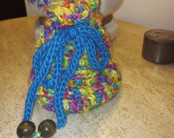 Neon Rainbow Crocheted Drawstring Dice Bag / Jewelry Bag With Floral Lining