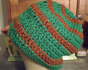 Green and Brown Striped Crocheted Beanie Hat