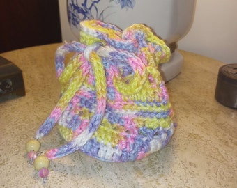 Pastel Rainbow Crocheted Drawstring Dice Bag / Jewelry Bag With Floral Fabric Liner