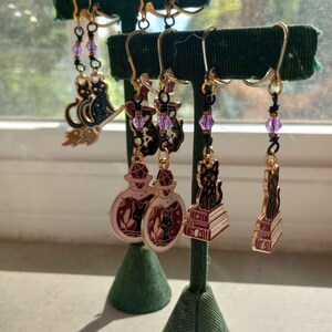 Witchy Black Cat Charm Earrings With Purple Accents on Gold Lever Backs