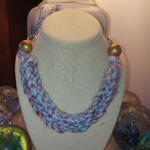 Knitted Pastel Blue Tweed Necklace With Hand-Painted Wooden Beads