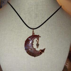 Moss Agate and Brown Jasper Crescent Moon Necklace Pendant Wrapped With Copper Wire