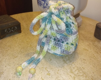 Green White and Gray Crocheted Drawstring Dice Bag / Jewelry Bag with Green Polka Dotted Fabric Lining