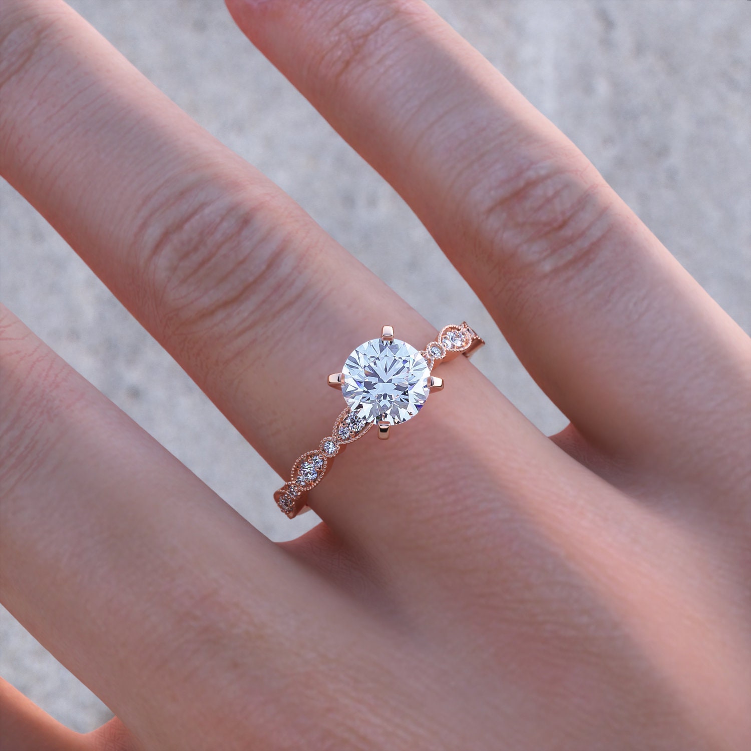 Art Deco Engagement Ring. Dainty Rose Gold Vintage Moissanite Wedding Ring