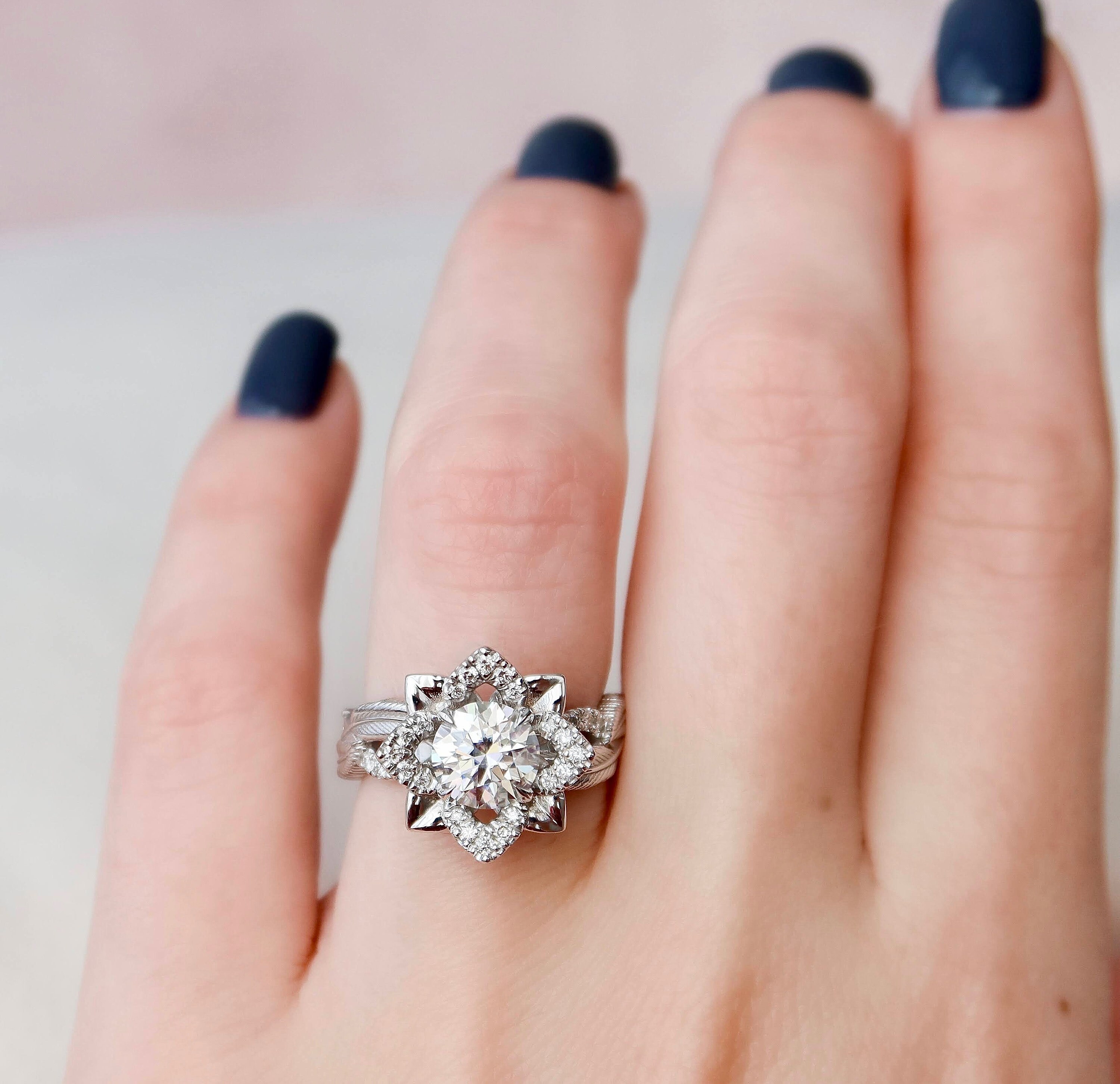 Flower Engagement Ring Nature Inspired Engagement Ring Leaf Etsy