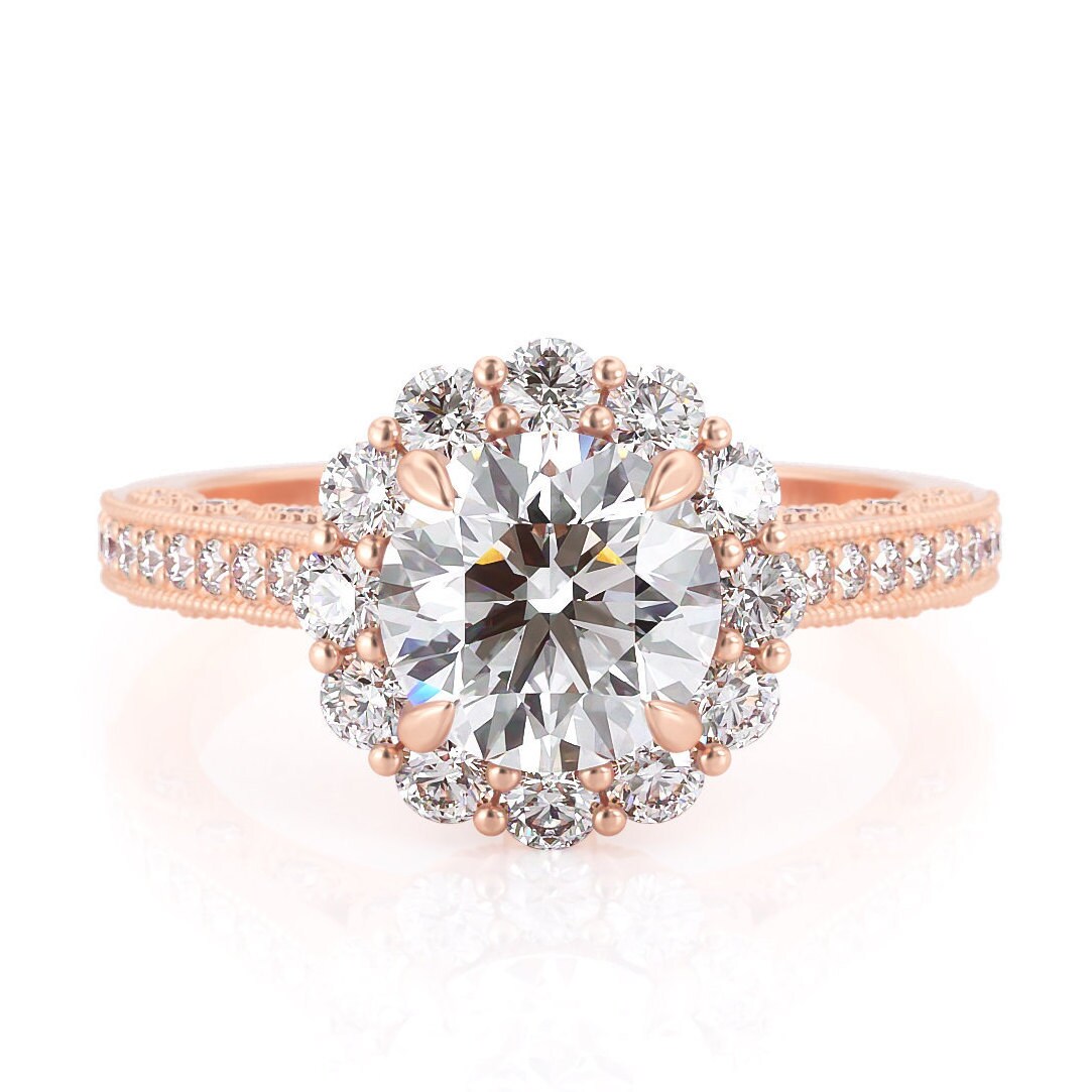Art Deco Diamond Engagement Ring. Rose Gold Vintage Halo | Etsy