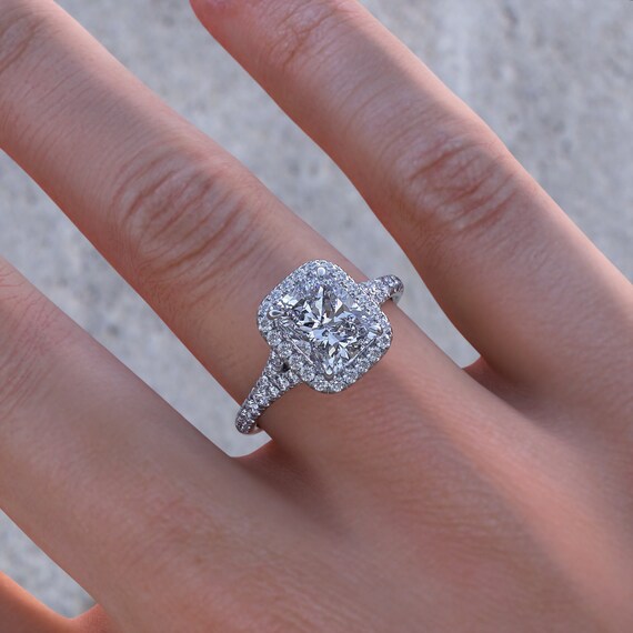 Cushion Cut Halo Engagement Ring Elongated Cushion Moissanite Etsy