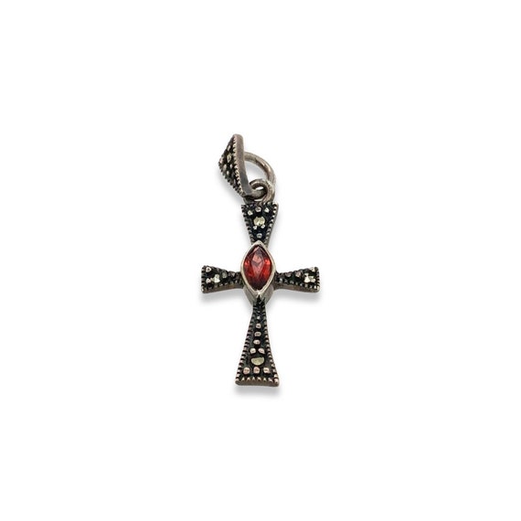 Vintage Garnet Silver Cross Pendant / Solid Sterl… - image 3