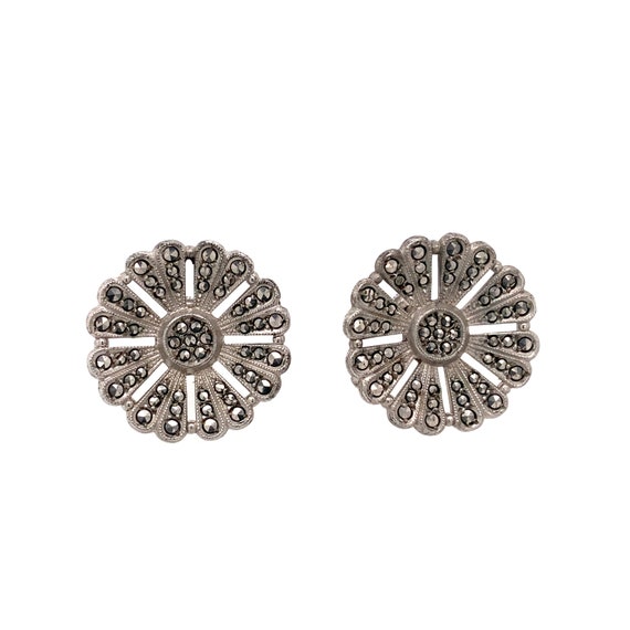 Silver Marcasite Stone Screw Back Floral Earrings 