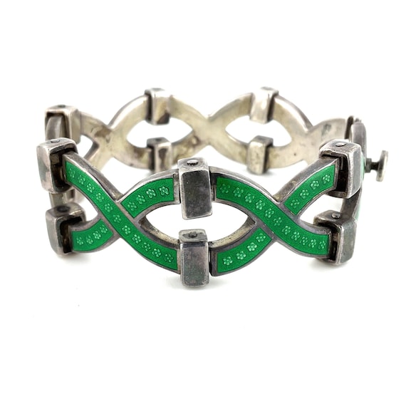 Vintage 1960s Italian Green Enamel & Silver Brace… - image 2