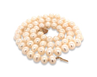 8mm Natural Cultured Pearl & Gold Necklace / Vintage Genuine Pearls / Solid 14K Yellow Gold / Classic VTG Necklace /  18.25’’ Long