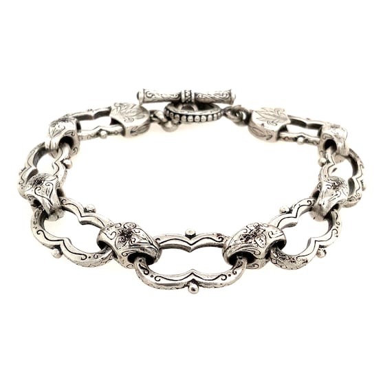 Vintage Silver Link & Garnet Bracelet / Solid Ste… - image 2