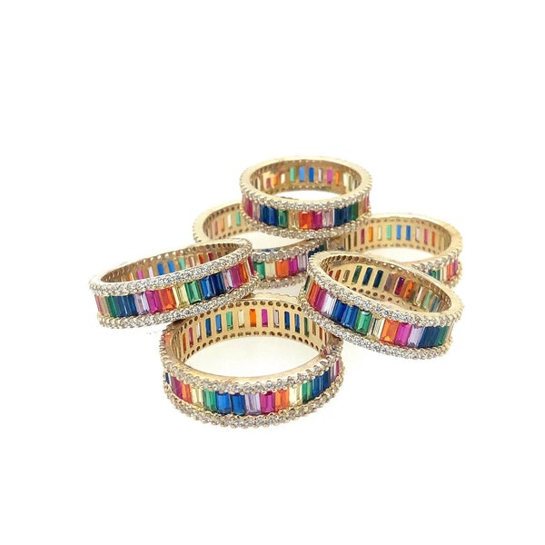 Sterling Silver Gold-Plated Color Ring / Eternity Band / Rainbow Colored Sustainable Stones / Round Cubic Zirconium / Multiple Sizes