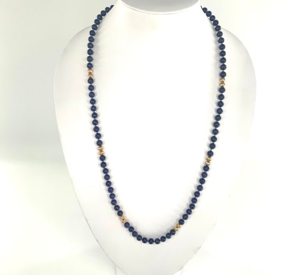 Lapis Stone & Gold Bead Necklace / Solid 14K Yell… - image 2
