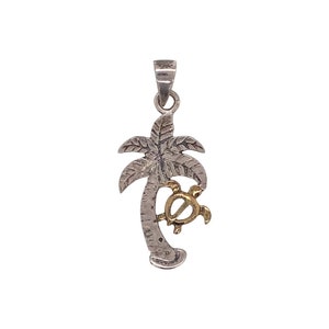Tweekleurige palmboom en schildpad hanger / tropische sieraden / massief sterling 925 zilver / gouden toon