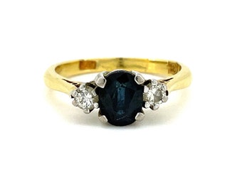 Vintage Blue Sapphire & Diamond Gold Ring / 18K Yellow Gold / Classic Three Stone Design / Size 6 / Natural Stones