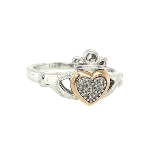 Silver & Diamond Claddagh Ring / 925 Sterling Silver / 14K Gold Plating / .10ctw Diamonds / Size 7 / 2.8 Grams